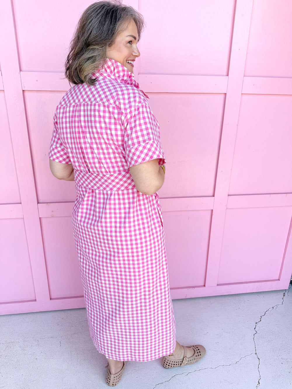 Jincy's Women's Boutique Spring Styles Pink Gingham Maxi Midi Dress