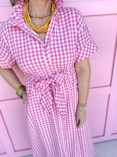 Jincy's Women's Boutique Spring Styles Pink Gingham Maxi Midi Dress