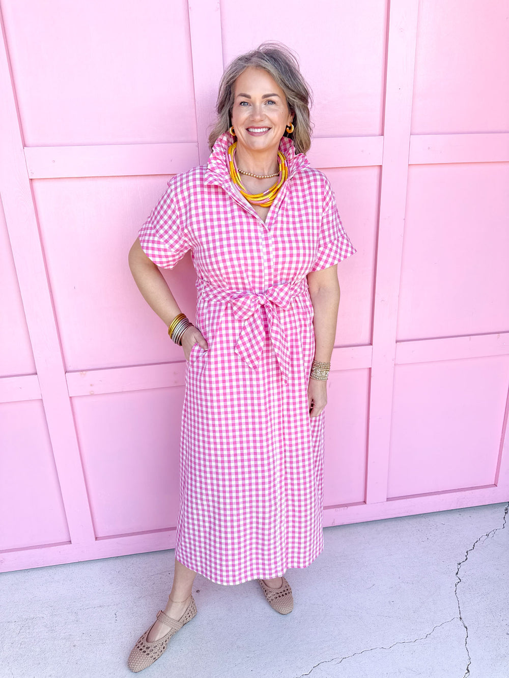 Jincy's Women's Boutique Spring Styles Pink Gingham Maxi Midi Dress