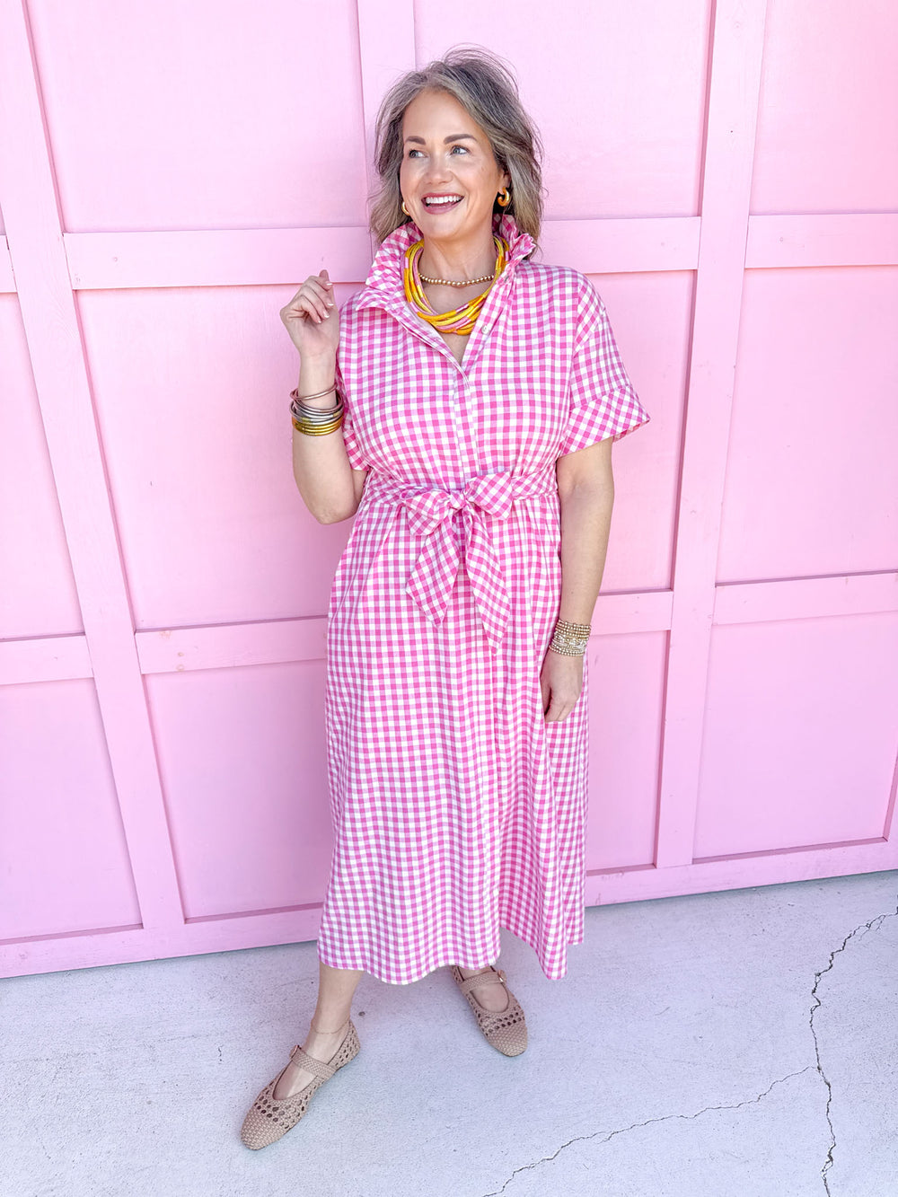 Jincy's Women's Boutique Spring Styles Pink Gingham Maxi Midi Dress