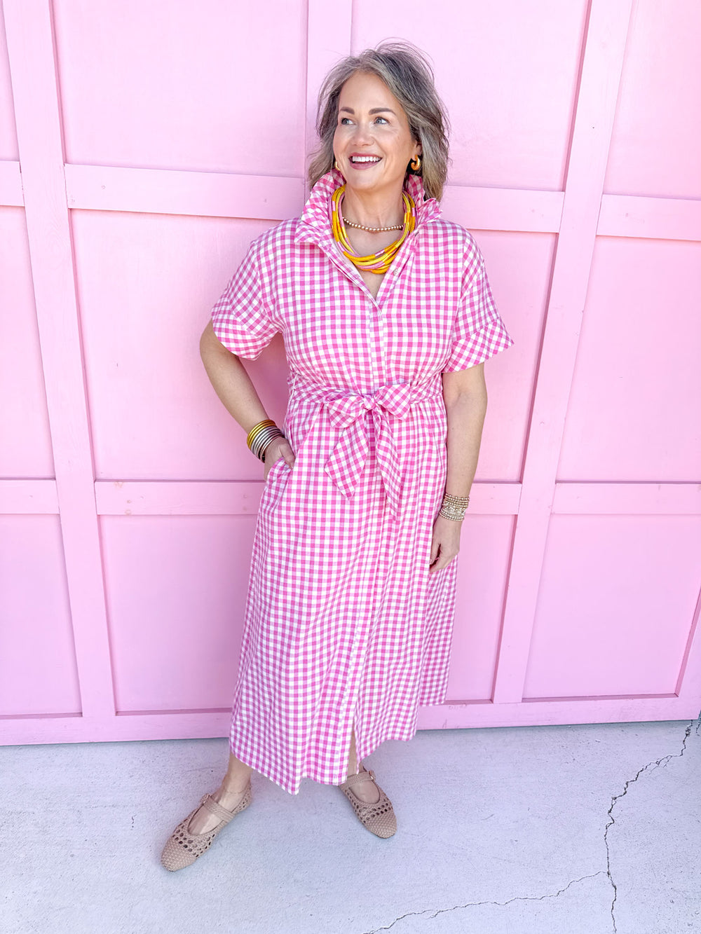 Jincy's Women's Boutique Spring Styles Pink Gingham Maxi Midi Dress