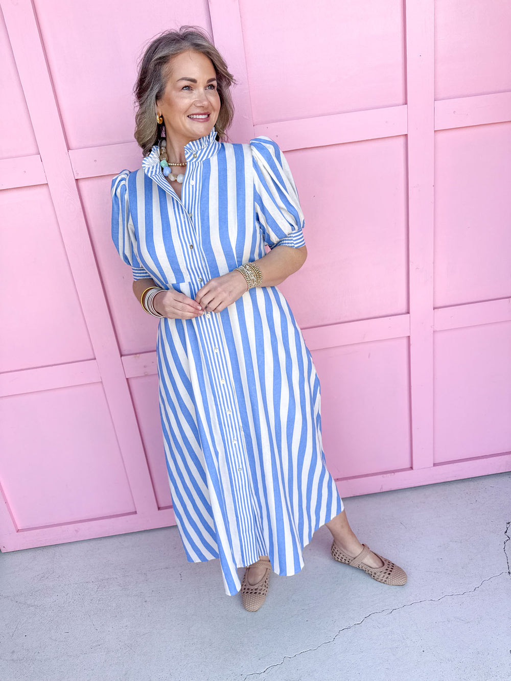 Jincy's Women's Boutique Spring Styles Blue Stripe Maxi Midi Dress