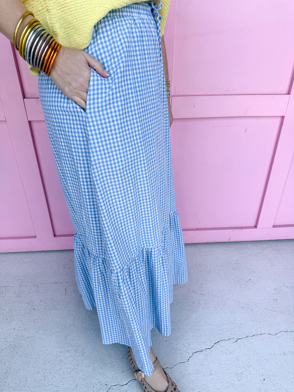 Jincy's Women's Boutique Spring Styles Cornflower Blue Gingham Midi Maxi Skirt