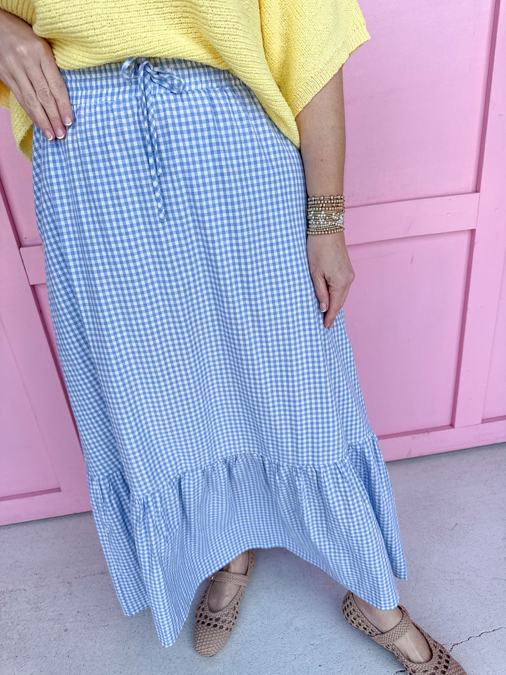 Jincy's Women's Boutique Spring Styles Cornflower Blue Gingham Midi Maxi Skirt