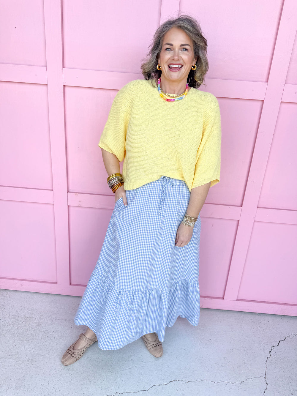 Jincy's Women's Boutique Spring Styles Cornflower Blue Gingham Midi Maxi Skirt