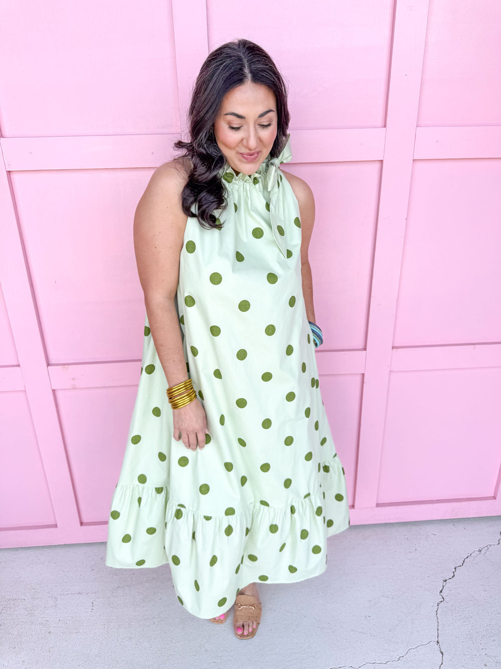 Jincy's Women's Boutique Spring Styles Olive & Sage Green Polka Dot Maxi Midi Dress