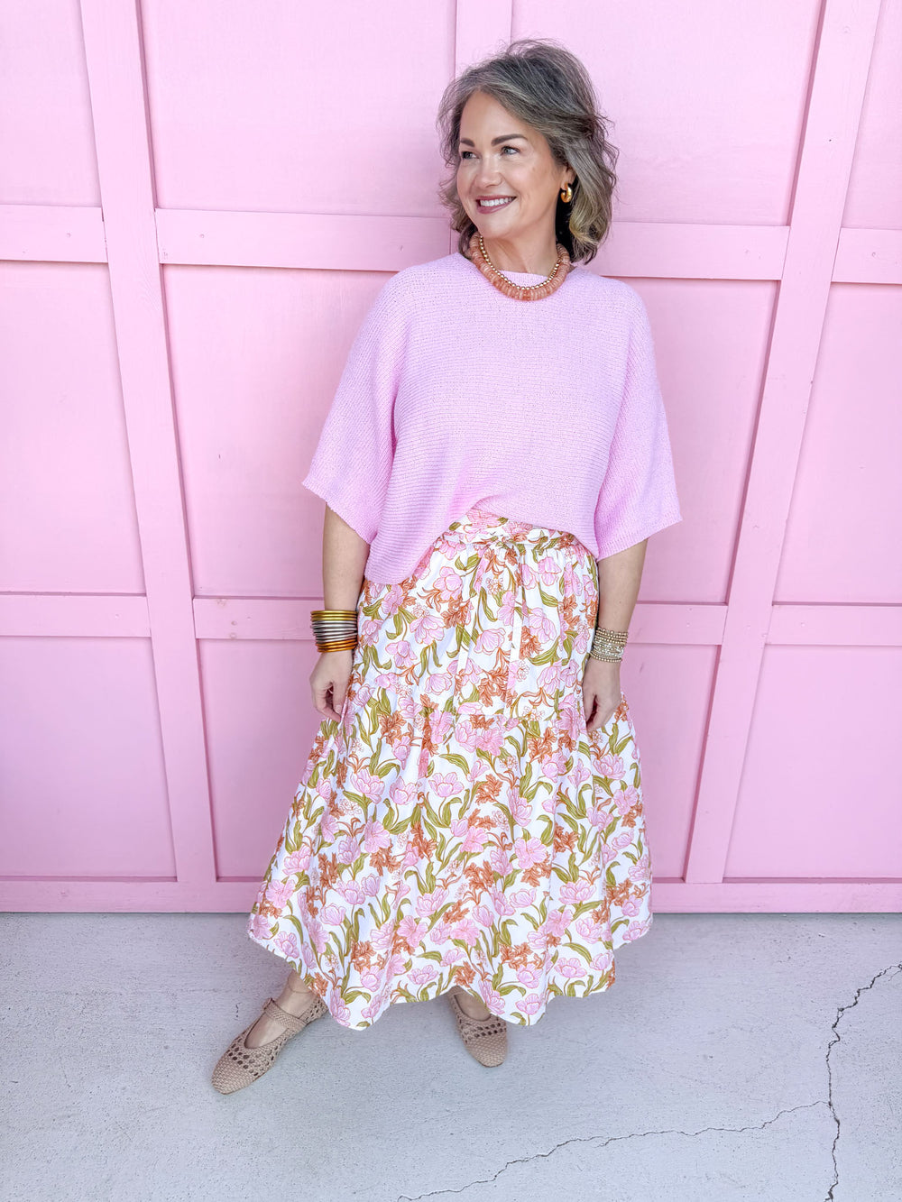 Jincy's Women's Boutique Spring Styles Pink Floral Maxi Midi Skirt