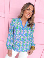 Jincy's Women's Boutique Mary Square Gianna Top Blue Vintage Posies Plus Size
