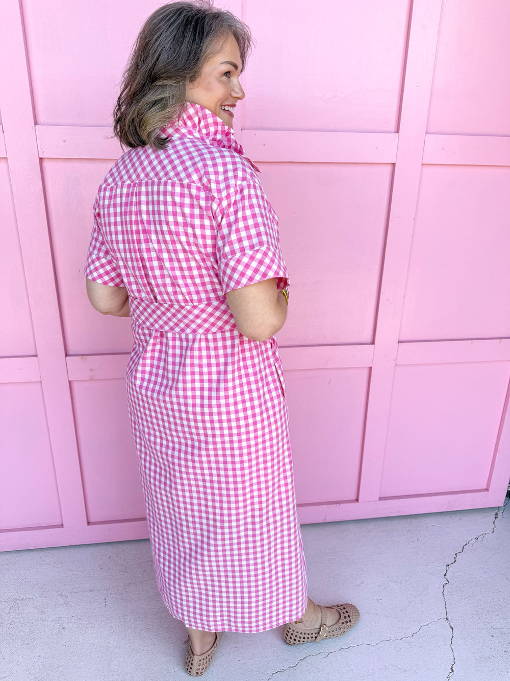 Giddy In Gingham Dress - Pink