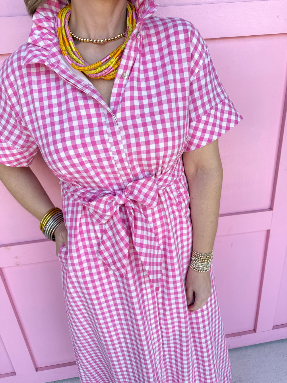 Giddy In Gingham Dress - Pink