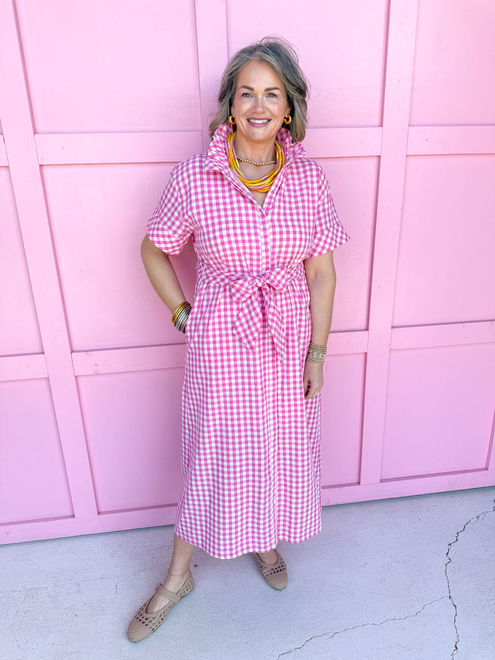 Giddy In Gingham Dress - Pink