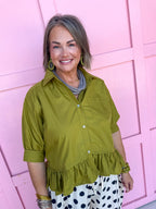 Jincy'c Womens Boutique Olive Collared Button Up Top with Ruffle Hem Chic Chartreuse Collection Entro T28898