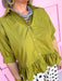 Jincy'c Womens Boutique Olive Collared Button Up Top with Ruffle Hem Chic Chartreuse Collection Entro T28898