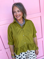 Jincy'c Womens Boutique Olive Collared Button Up Top with Ruffle Hem Chic Chartreuse Collection Entro T28898