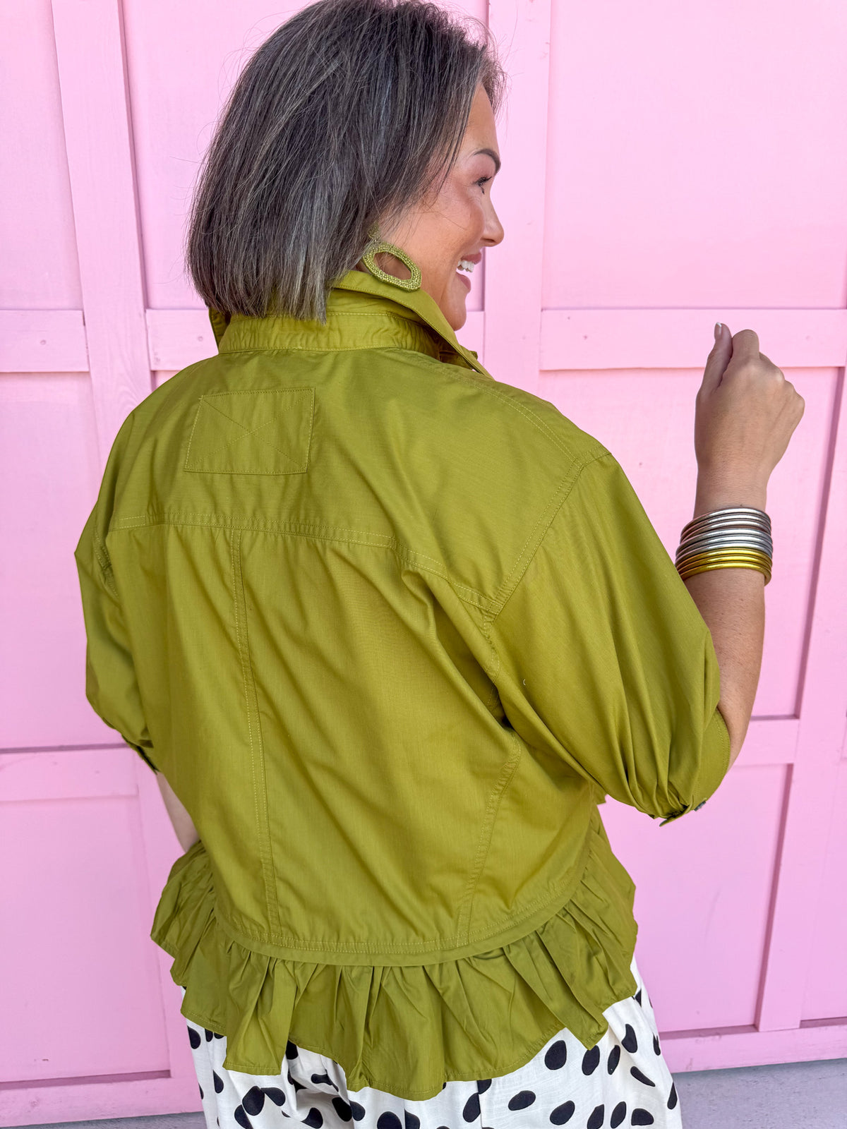 Jincy'c Womens Boutique Olive Collared Button Up Top with Ruffle Hem Chic Chartreuse Collection Entro T28898