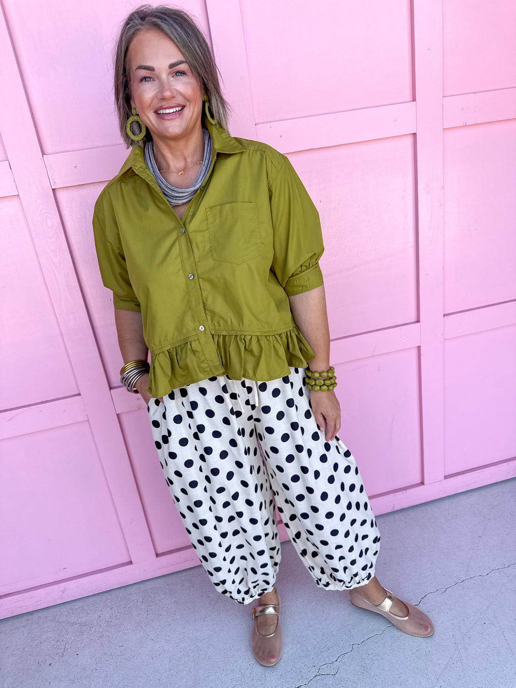 Jincy'c Womens Boutique Olive Collared Button Up Top with Ruffle Hem Chic Chartreuse Collection Entro T28898