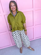 Jincy'c Womens Boutique Olive Collared Button Up Top with Ruffle Hem Chic Chartreuse Collection Entro T28898