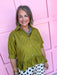 Jincy'c Womens Boutique Olive Collared Button Up Top with Ruffle Hem Chic Chartreuse Collection Entro T28898