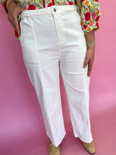 Entro P23849 Boutique Pant Braid Rope Waist Detail Wide Leg Has Pockets White Work Pants Jincy's