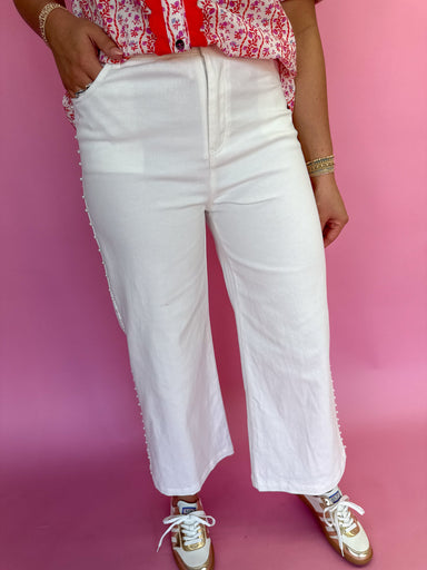 Entro P24329 Women's Bottoms White Pearl Detail Wide Leg Cropped Pearls Down Side Denim Bottoms Boutique Jincy's