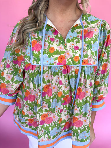 Entro T26487 Floral Top Plus Size Bold Florals Neck Ties Stripe Hems Boutique Top Women's Top Jincy's Spring Top Springtime clothing