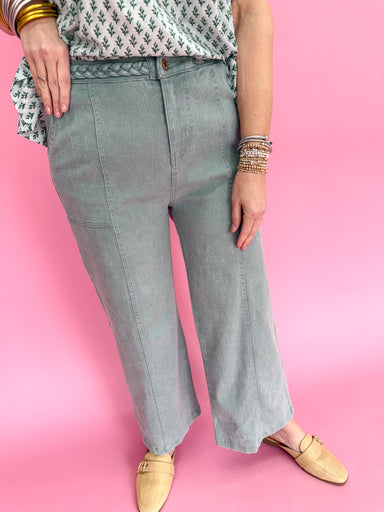 Entro P23849 Boutique Pant Braid Rope Waist Detail Wide Leg Has Pockets Seafoam Green Blue Denim Work Pants Jincy's