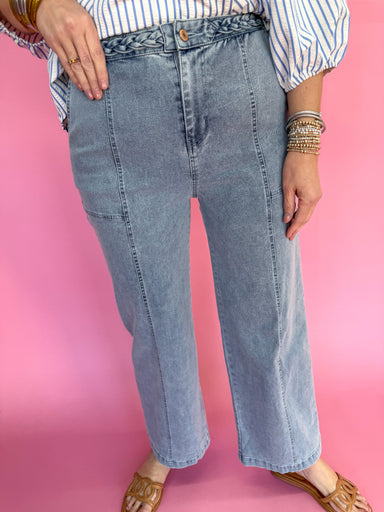 Entro P23849 Boutique Pant Braid Rope Waist Detail Wide Leg Has Pockets Light Blue Denim Work Pants Jincy's