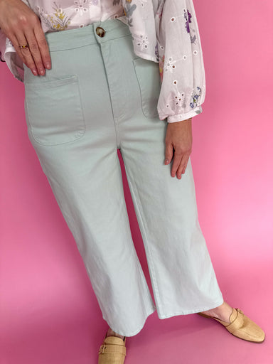 Entro P2404 Women's Bottoms Seafoam Green Light Blue Color Patch Pockets Wide Leg Boutique Bottoms Women's Pants Work Pants Jincy's