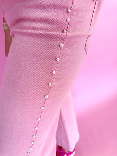 Entro P24329 Women's Bottoms Pink Pearl Detail Wide Leg Cropped Pearls Down Side Denim Bottoms Boutique Jincy's