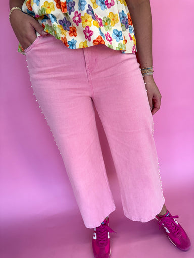 Entro P24329 Women's Bottoms Pink Pearl Detail Wide Leg Cropped Pearls Down Side Denim Bottoms Boutique Jincy's