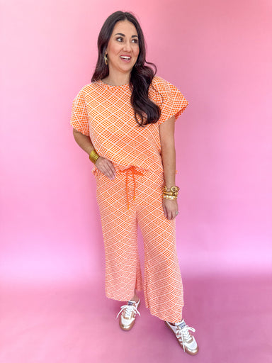 See And Be Seen T3872 Women's Set Orange Set Spring Set Work Set Short Sleeve Wide Leg Crop Length Boutique Set Geometric Light Orange Jincy's