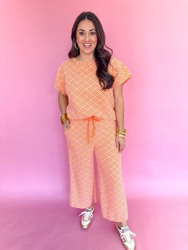 See And Be Seen T3872 Women's Set Orange Set Spring Set Work Set Short Sleeve Wide Leg Crop Length Boutique Set Geometric Light Orange Jincy's