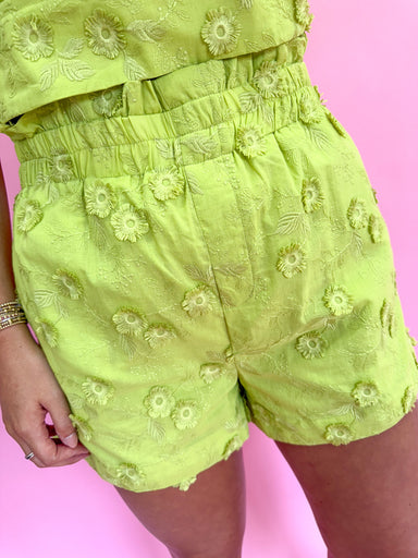 Entro P25373 Green Shorts Women's Shorts Lime Green Floral Shorts Embroidered Elastic Jincy's  