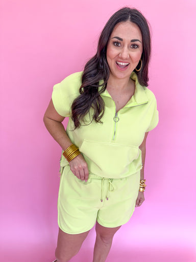 Entro P23578 Boutique Set Ribbed Shorts Short Sleeve Lime Light Green Set Summer Set Spring Set Silver Zipper Tie Waist Summer Set On The Go Jincy's