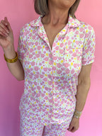 The Royal Standard Tulip Fields Short Sleeve Button Up Sleep Shirt Pajamas Loungewear Women's Boutique White Floral Pink Yellow Jincy's Gift