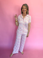 The Royal Standard Tulip Fields Short Sleeve Button Up Sleep Shirt Pajamas Loungewear Women's Boutique White Floral Pink Yellow Jincy's Gift
