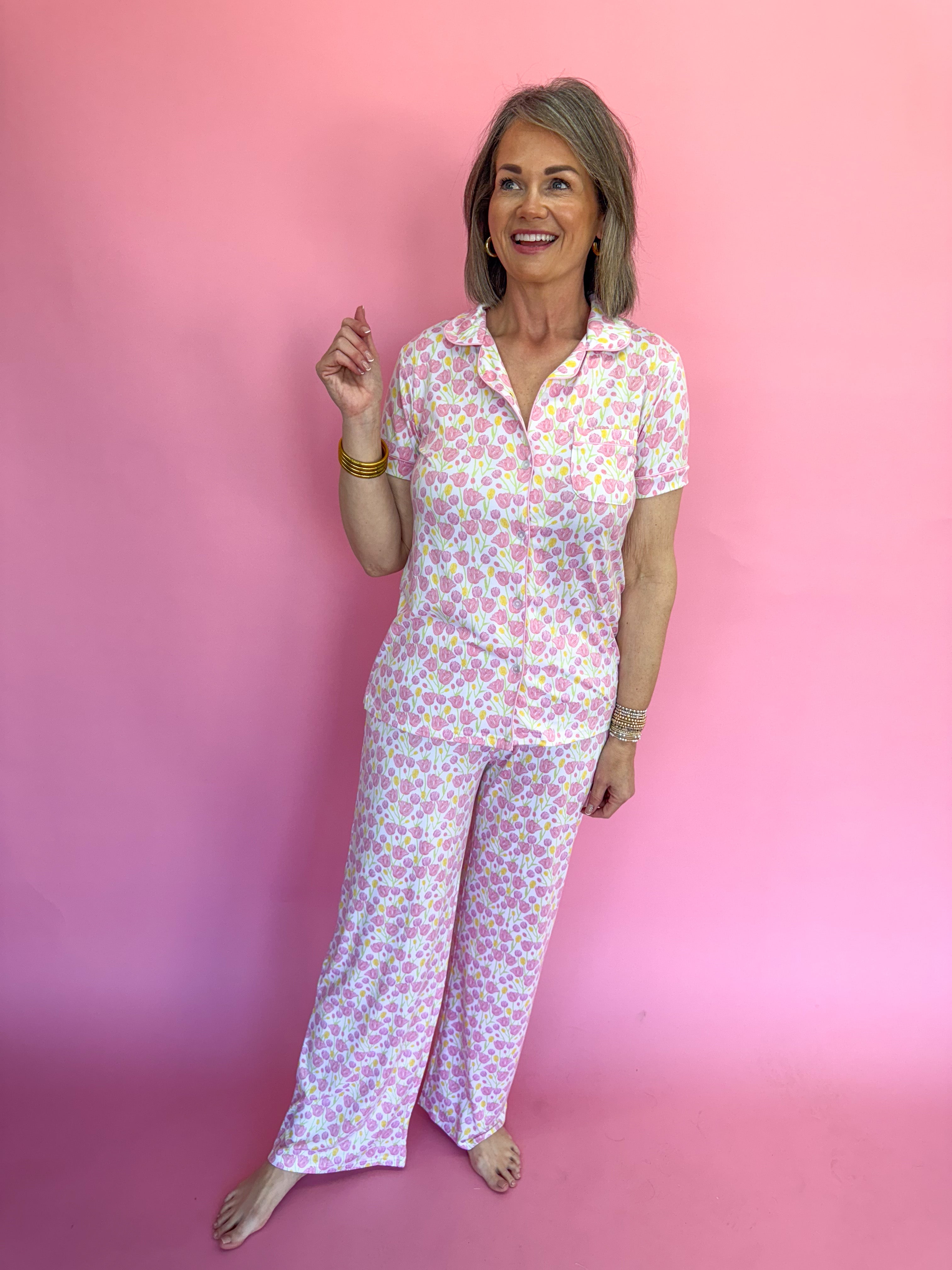 The Royal Standard Tulip Fields Short Sleeve Button Up Sleep Shirt Pajamas Loungewear Women's Boutique White Floral Pink Yellow Jincy's Gift