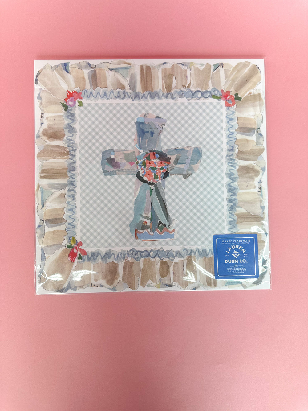 Rosanne Beck Square Placemat Blue Cross with Ribbon Border Women's Gift Disposable Placemat Cross Square Easter Spring Home Decor Jincy's Boutique