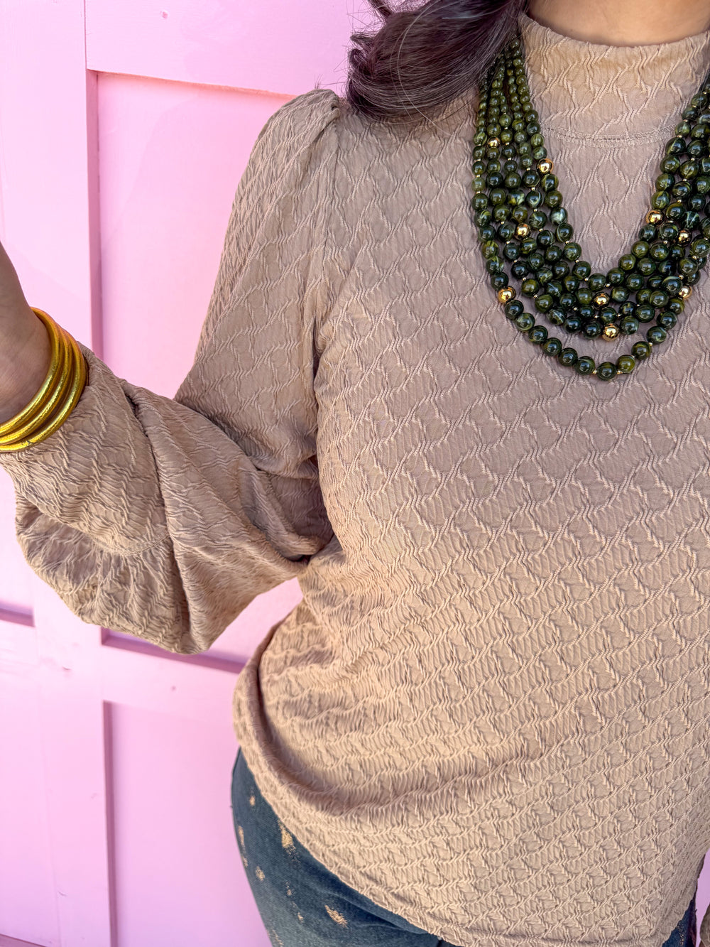 Jincy's Women's Boutique Winter Styles Plus Size Taupe Textured Mock Neck Top