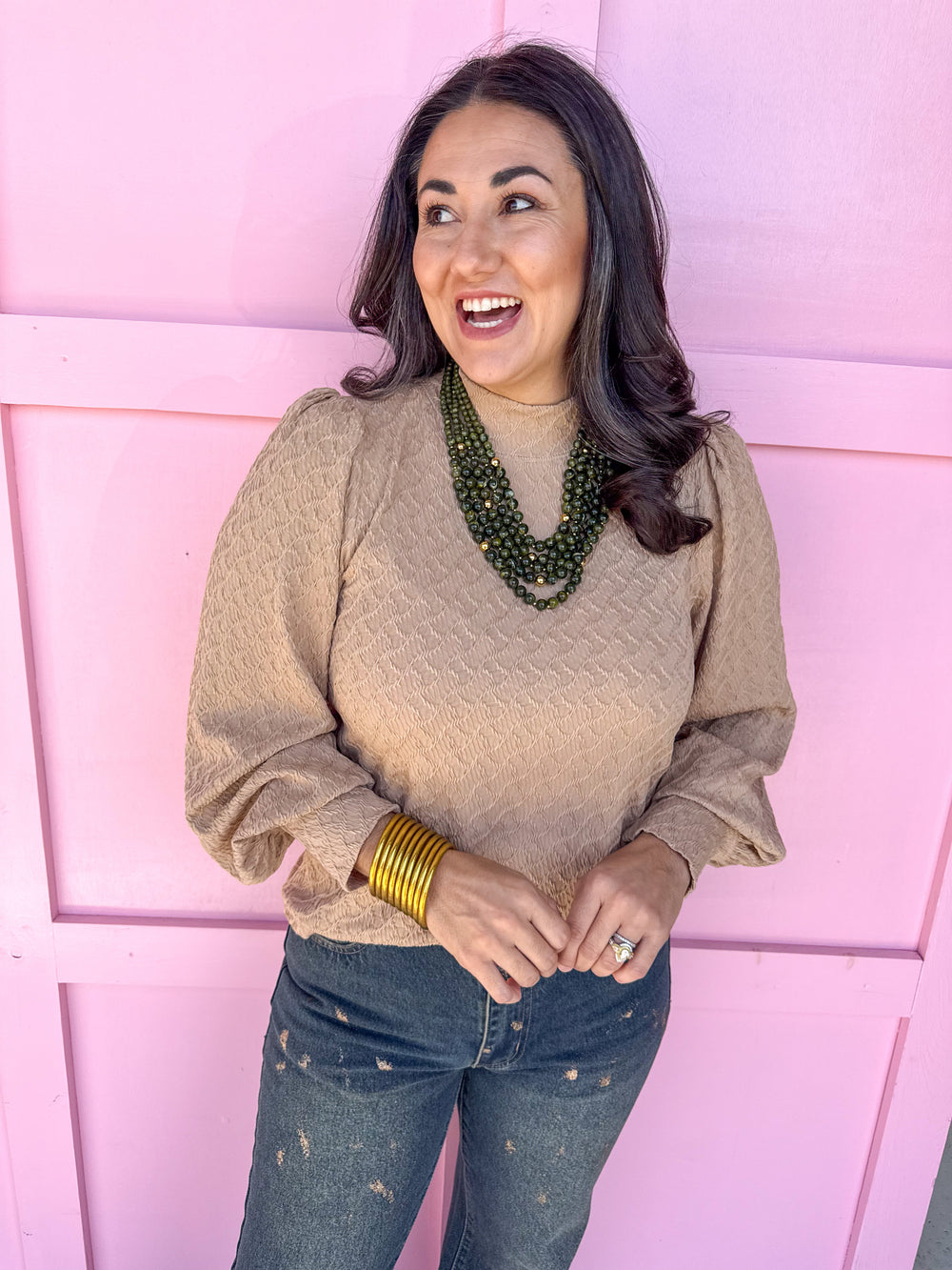 Jincy's Women's Boutique Winter Styles Plus Size Taupe Textured Mock Neck Top