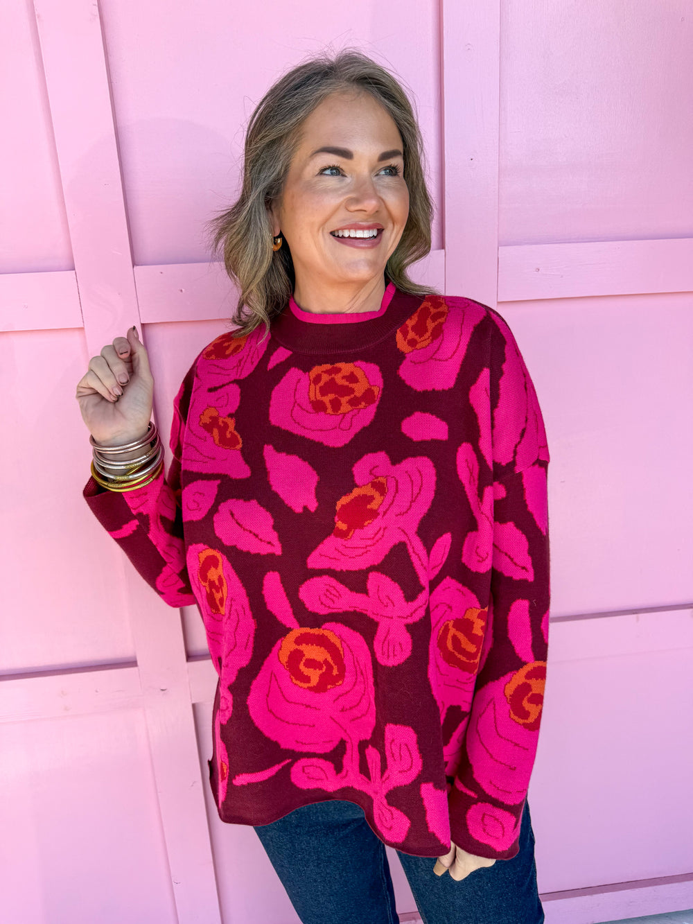 Jincy's Women's Boutique Winter Styles Floral Burgundy Sweater