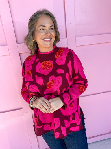Jincy's Women's Boutique Winter Styles Floral Burgundy Sweater