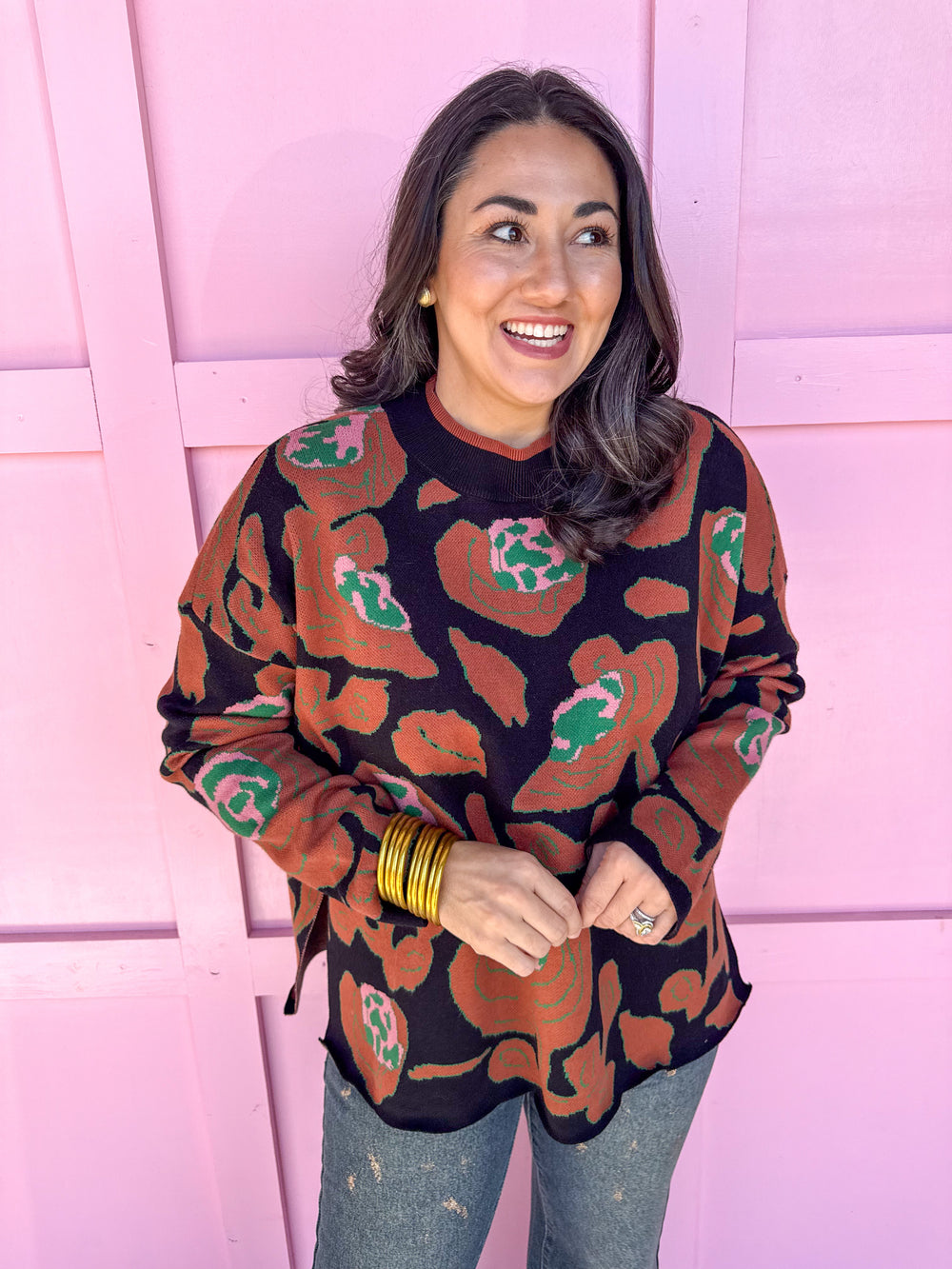 Jincy's Women's Boutique Winter Styles Black and Brown Floral Sweater