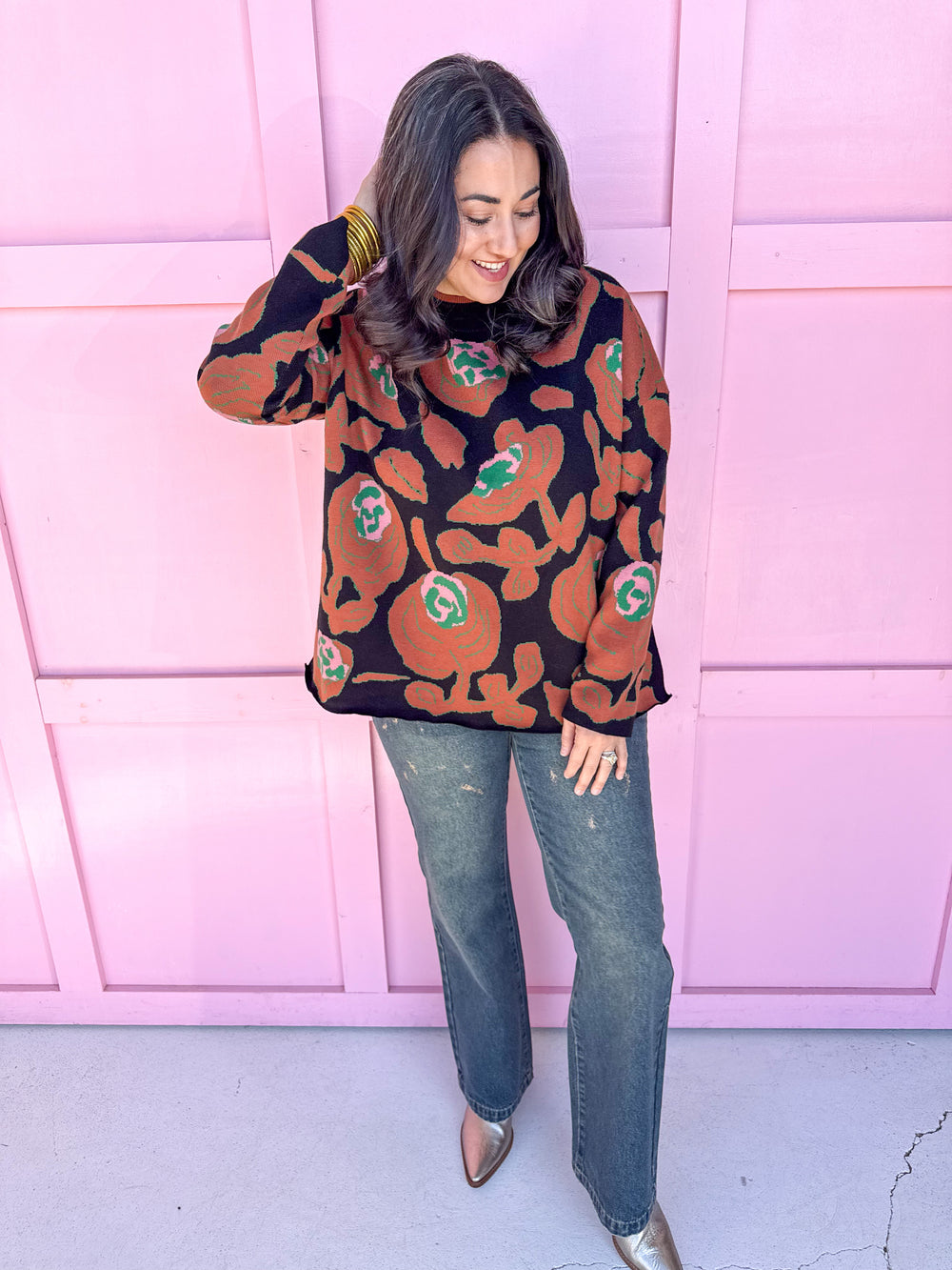 Jincy's Women's Boutique Winter Styles Black and Brown Floral Sweater