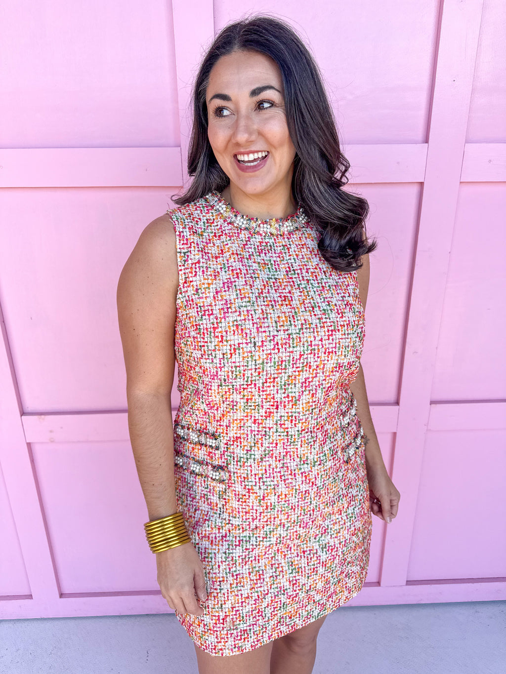 womens boutique tweed dress pearl detail  midi length jincy's
