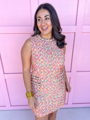 womens boutique tweed dress pearl detail  midi length jincy's