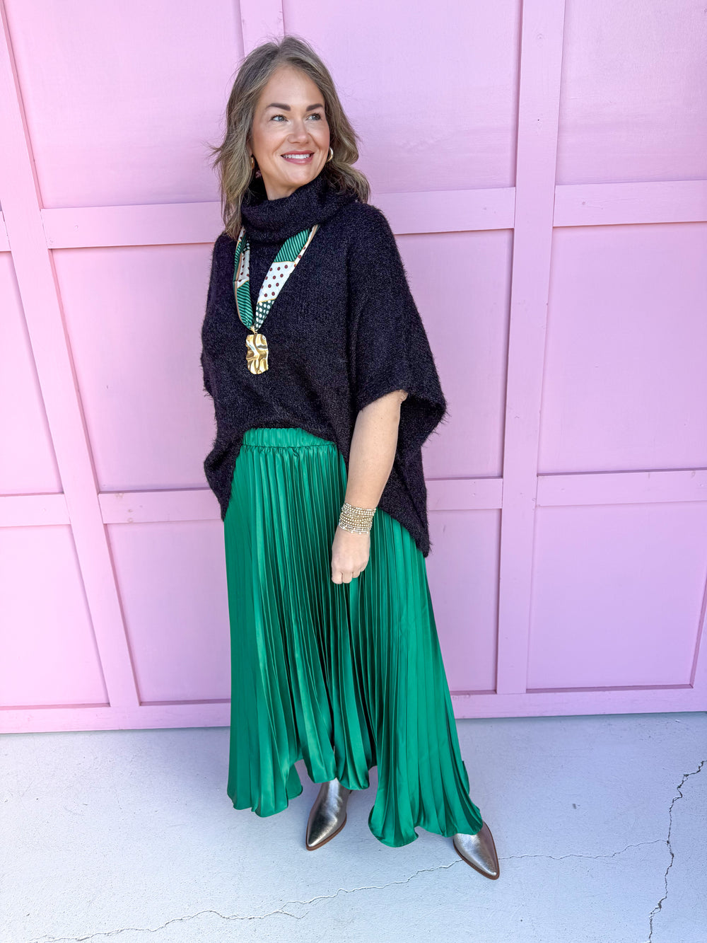 womens boutique satin skirt green pleats jincy's