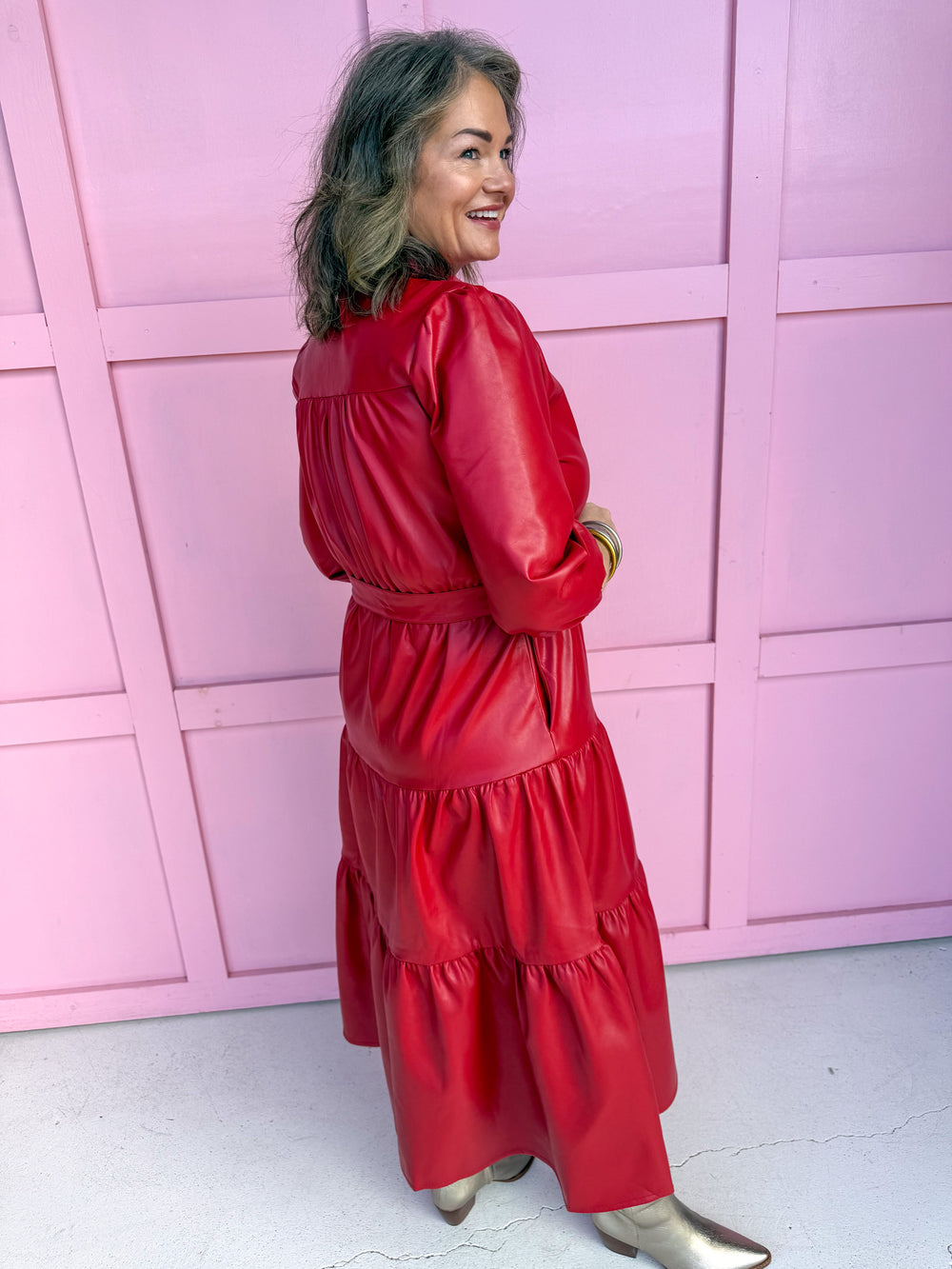 womens boutique red leather dress snap buttons maxi length tiered jincy's