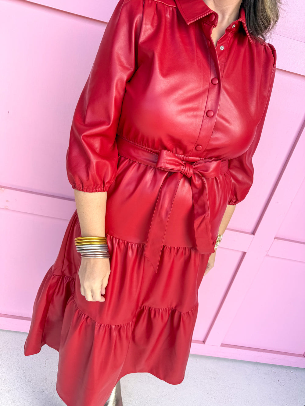 womens boutique red leather dress snap buttons maxi length tiered jincy's