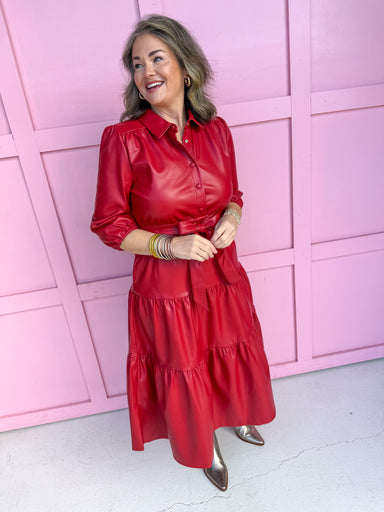womens boutique red leather dress snap buttons maxi length tiered jincy's